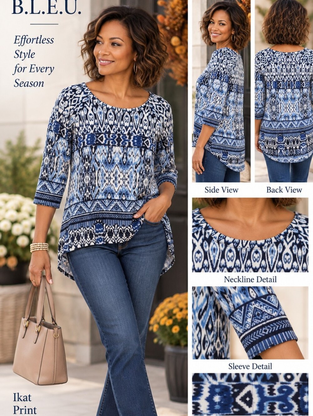 Gorgeous Blue & White IKAT Print Embellished Top 3/4 Sleeves Med B.L.E.U.